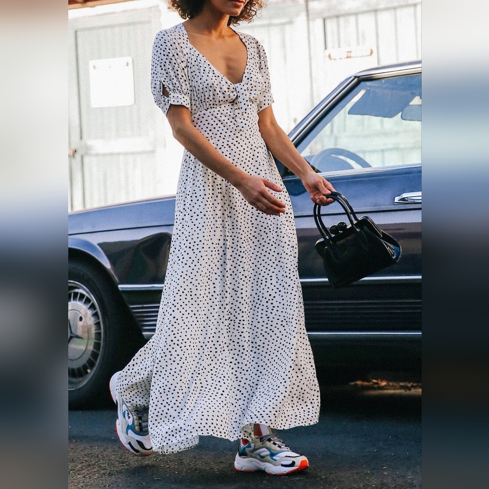 Urban Outfitters White Maxi Dress with Black Polka Dots